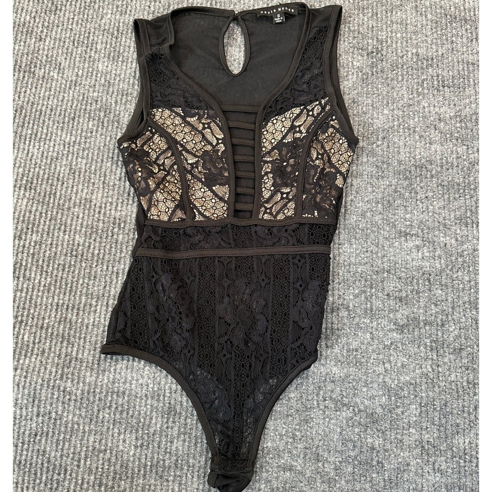 Haute Monde Lace Cage Bodysuit Small Black Floral Mesh Strappy Sleeveless‎